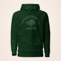 Antrim Giant’s Causeway forest green hoodie on a warm ivory background