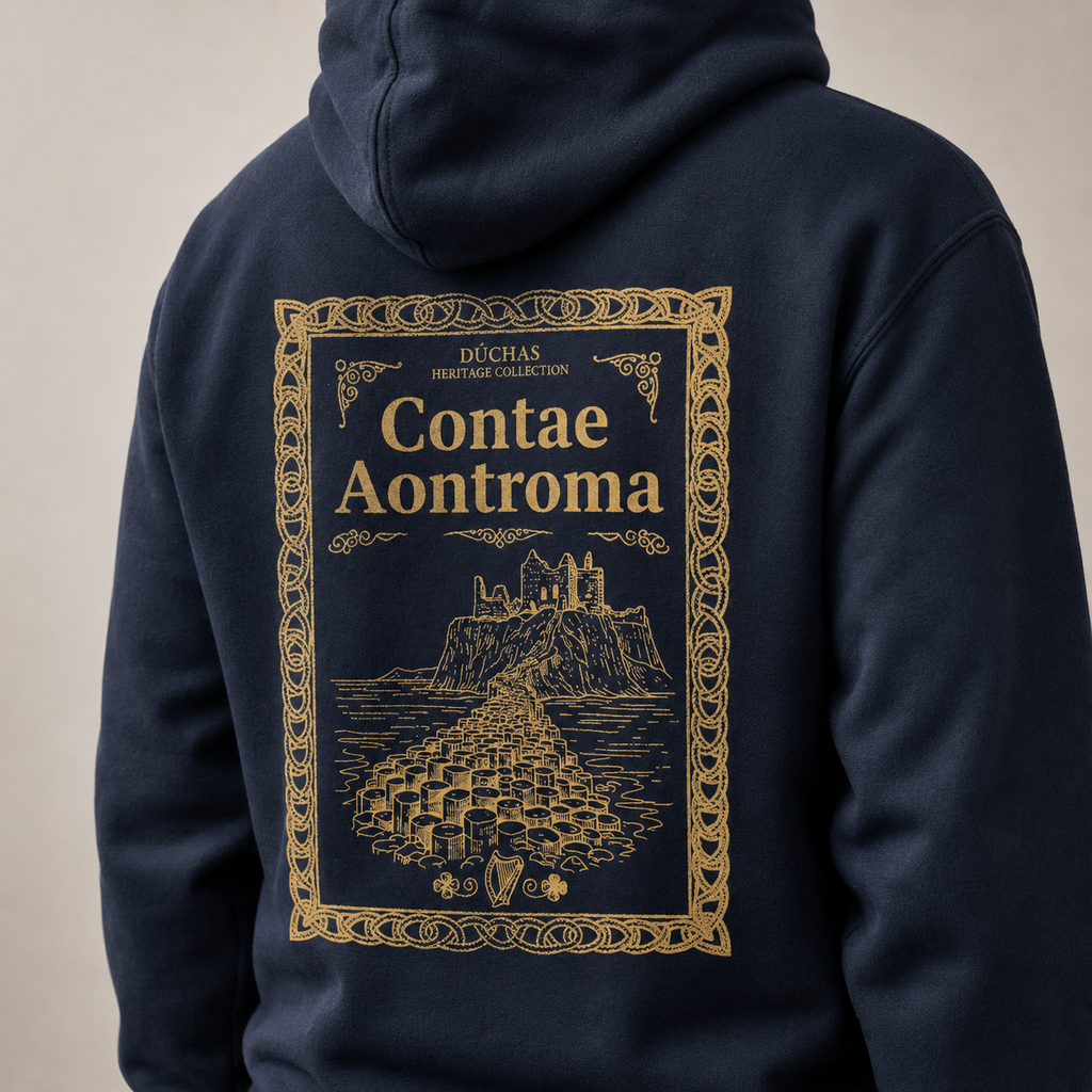 Close-up of the gold Contae Aontroma back print on the navy Antrim Heritage Hoodie