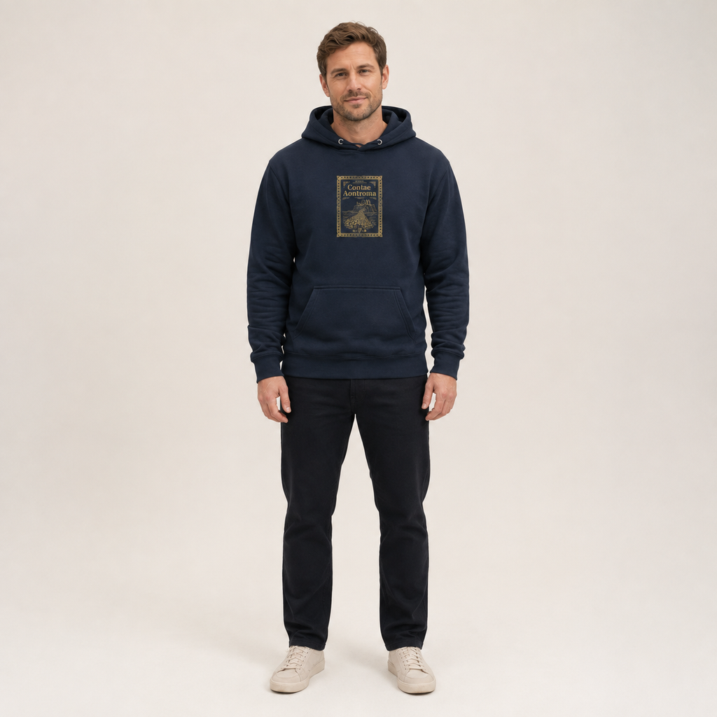 Man wearing the navy Antrim Heritage Hoodie from the front