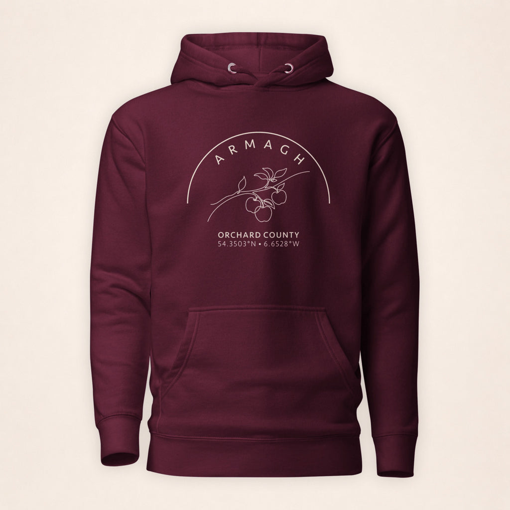 Armagh Blossom maroon hoodie on a warm ivory background