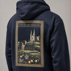 Close-up of the gold Contae Ard Mhacha back print on the navy Armagh Heritage Hoodie