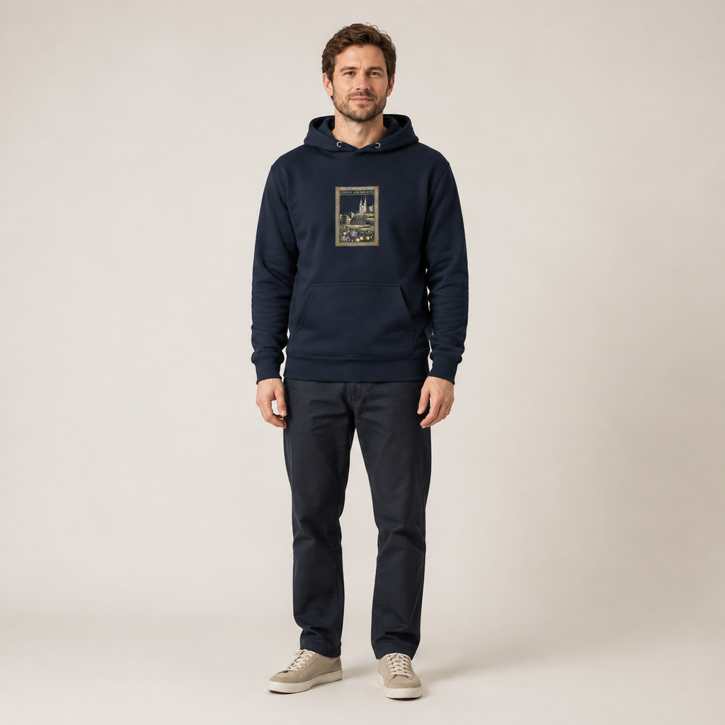 Man wearing the navy Armagh Heritage Hoodie from the front