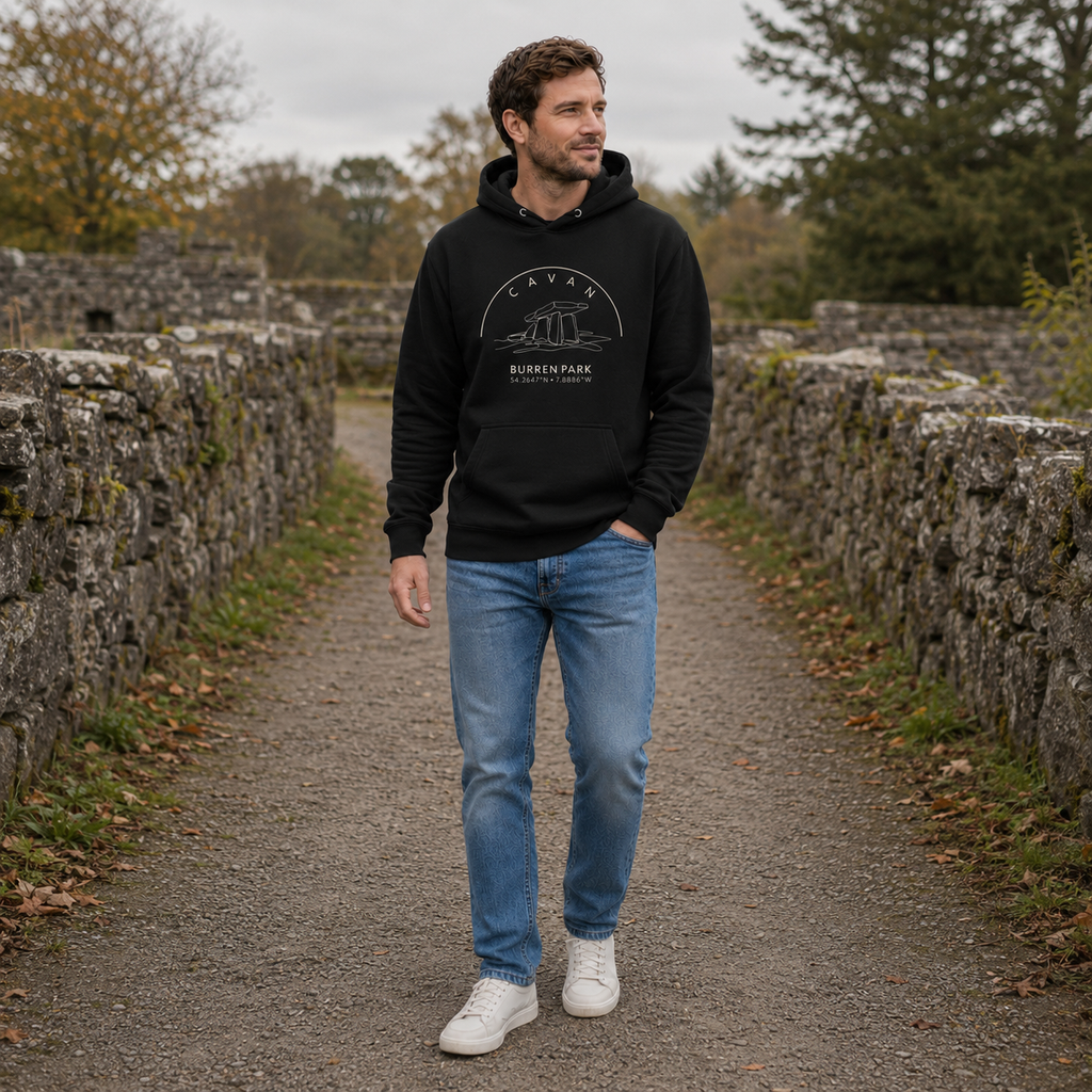 Man wearing the Cavan Burren Park black hoodie in County Cavan