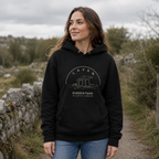 Woman wearing the Cavan Burren Park black hoodie in County Cavan