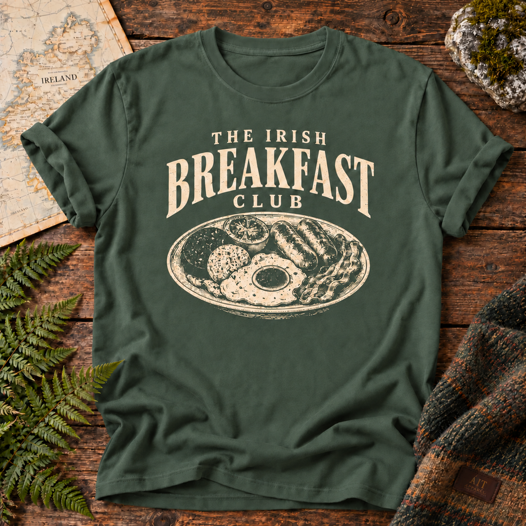 The Irish Breakfast Club T-Shirt in Blue Spruce, front flatlay