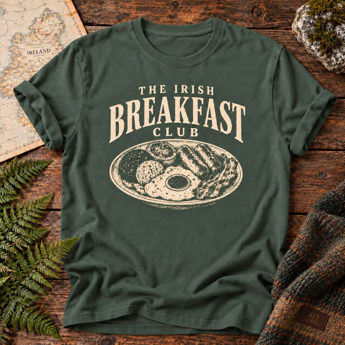 The Irish Breakfast Club T-Shirt in Blue Spruce, front flatlay