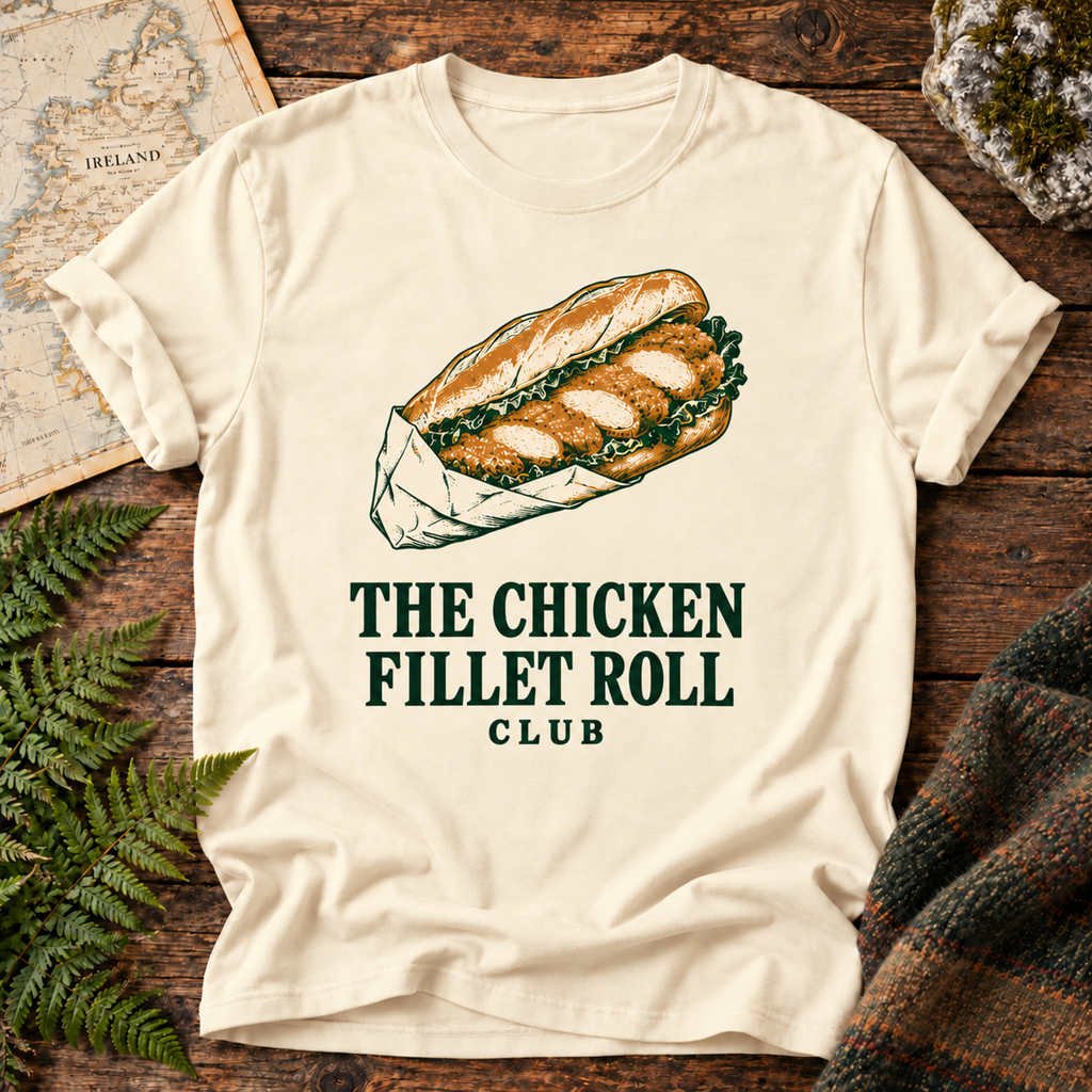 The Chicken Fillet Roll Club T-Shirt in Ivory, revised typography, front flatlay
