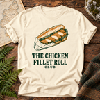 The Chicken Fillet Roll Club T-Shirt in Ivory, revised typography, front flatlay