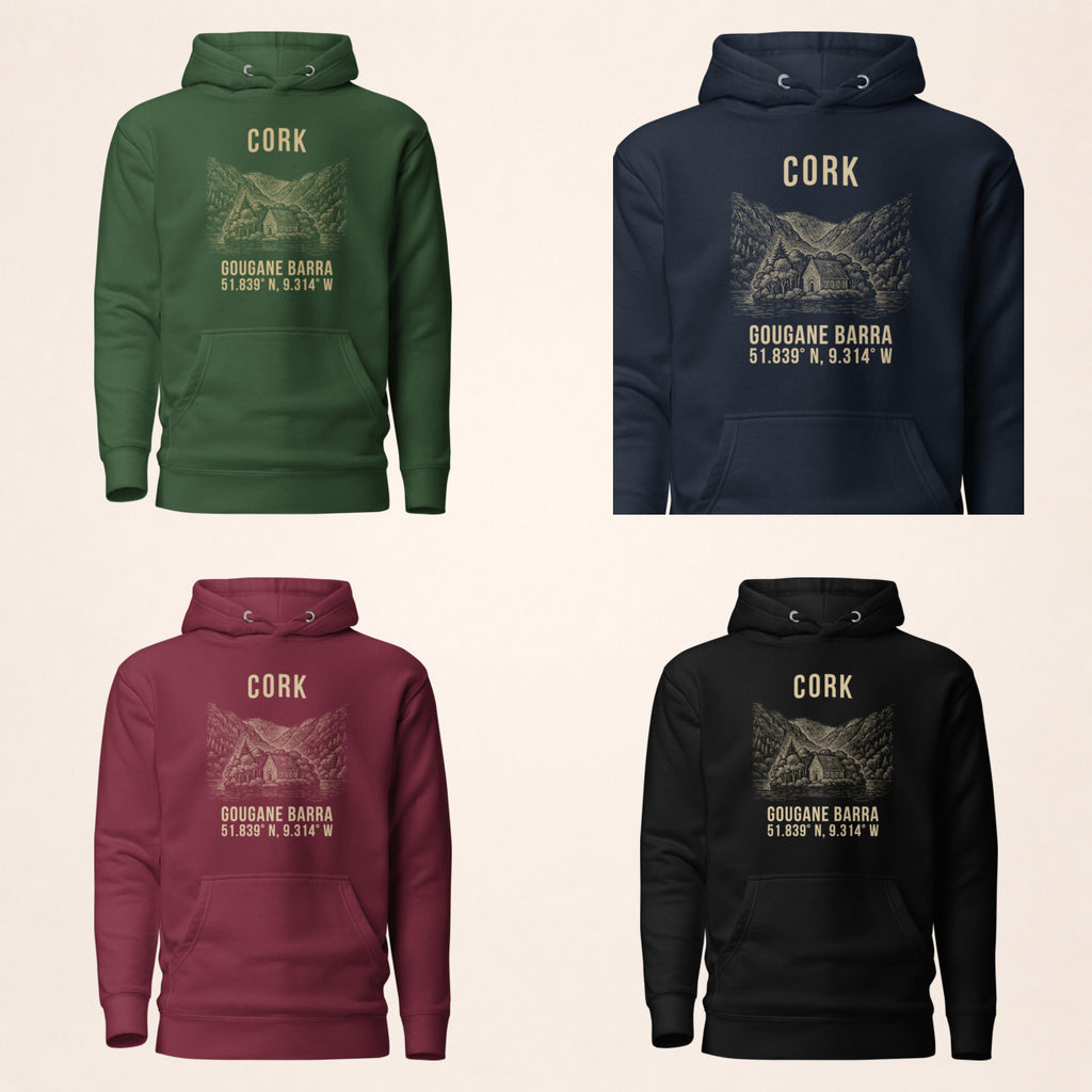 Cork Gougane Barra Hoodie colour options — forest green, navy, maroon and black