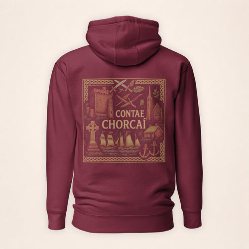 Cork Heritage Hoodie in maroon on a warm ivory background