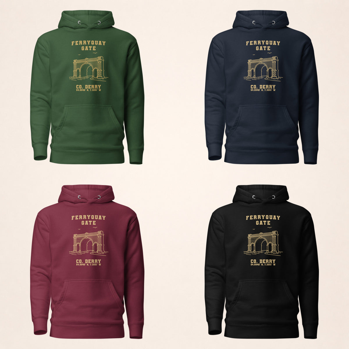 Derry Ferryquay Gate hoodie in forest green, navy, maroon and black