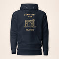 Derry Ferryquay Gate navy hoodie front on warm ivory background
