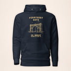Derry Ferryquay Gate navy hoodie front on warm ivory background