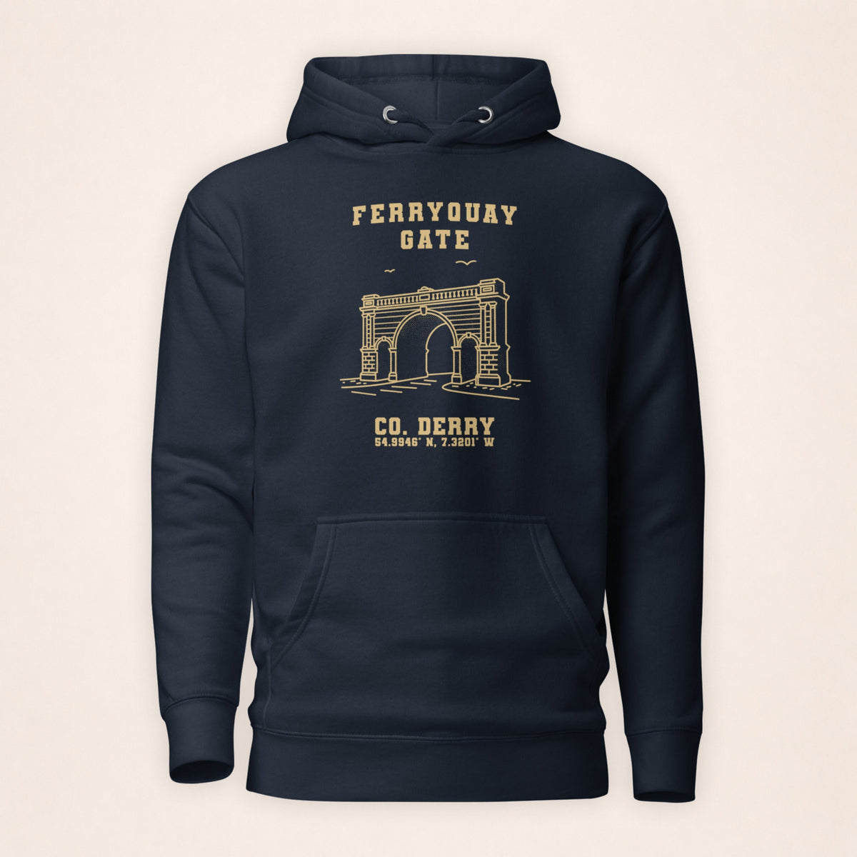 Derry Ferryquay Gate navy hoodie front on warm ivory background
