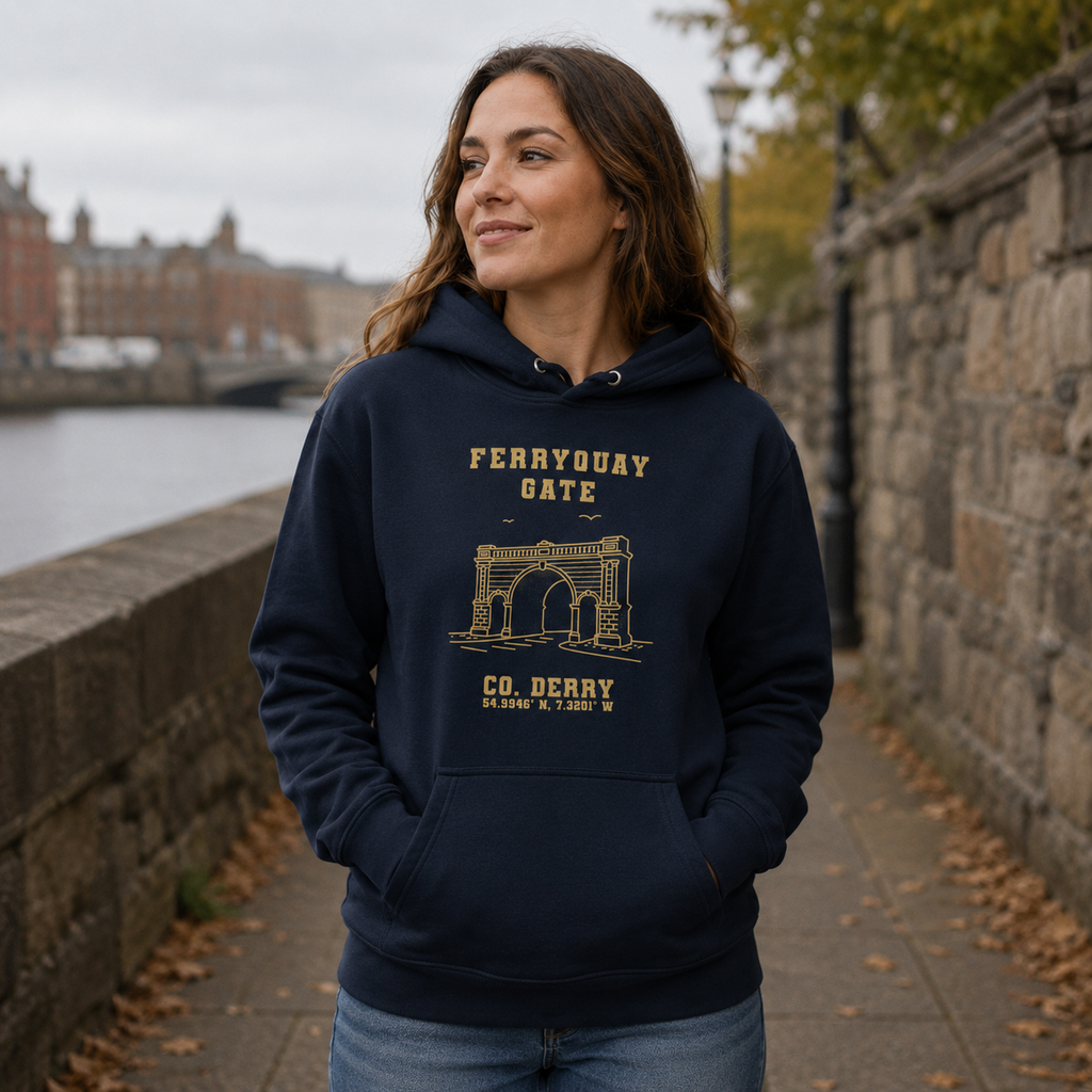 Woman wearing the Derry Ferryquay Gate navy hoodie in Derry