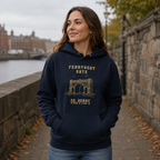 Woman wearing the Derry Ferryquay Gate navy hoodie in Derry