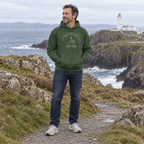 Man wearing the Donegal Fanad Head forest green hoodie