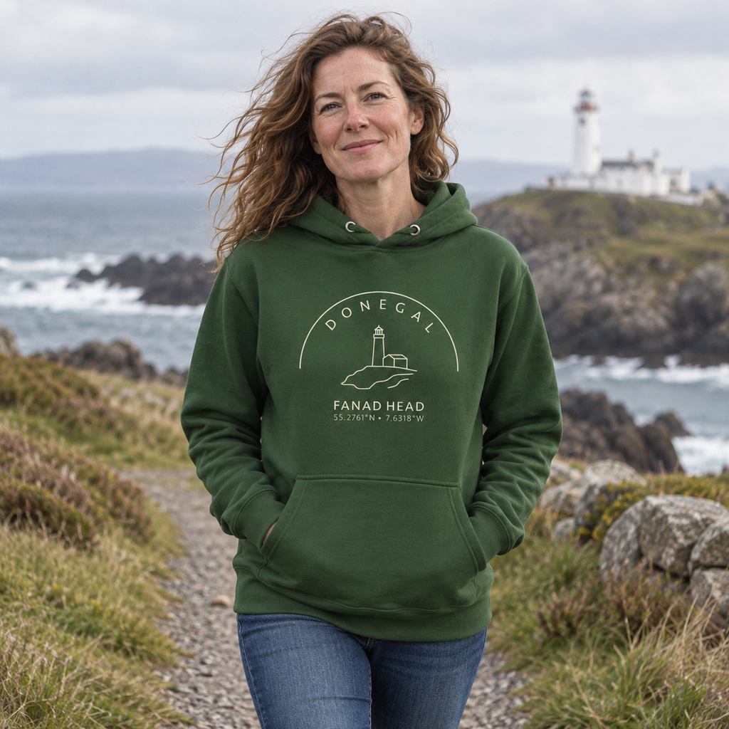 Woman wearing the Donegal Fanad Head forest green hoodie