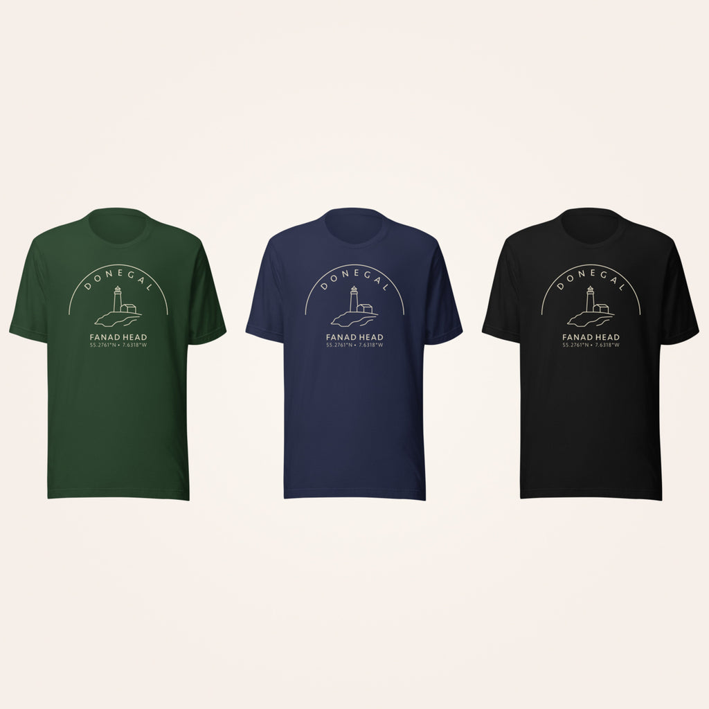Donegal Fanad Head T-shirt in Irish forest green, navy and black