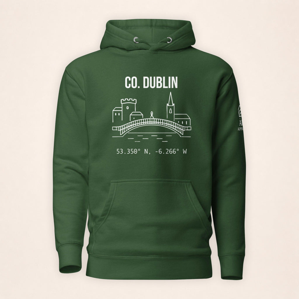 Dublin Castle & Skyline forest green hoodie on a warm ivory background