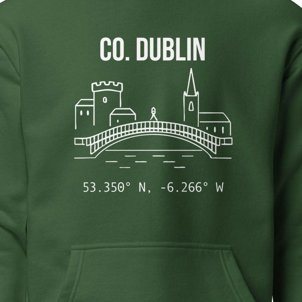 Close-up of the Dublin Castle & Skyline hoodie chest design