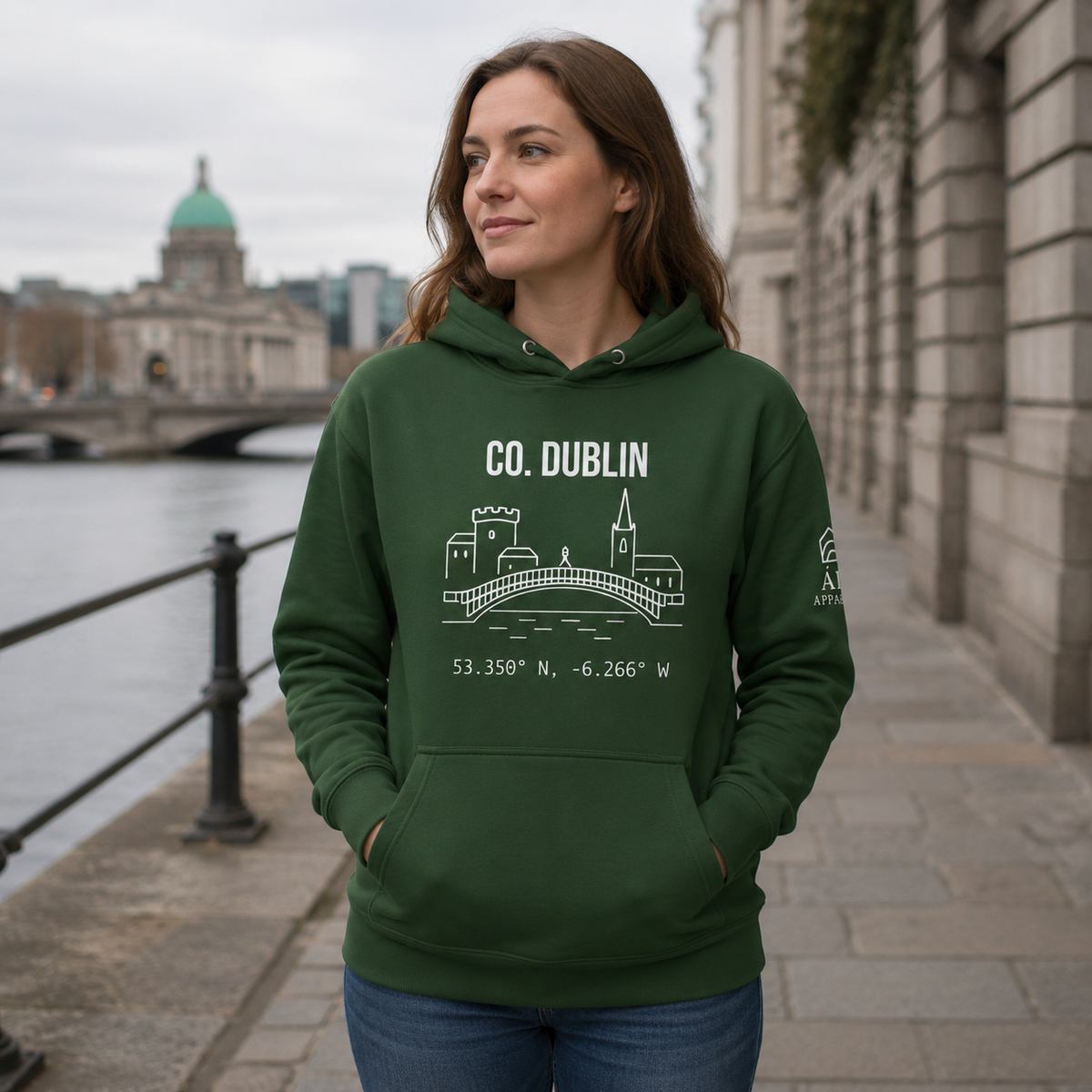 Woman wearing the Dublin Castle & Skyline forest green hoodie in Dublin