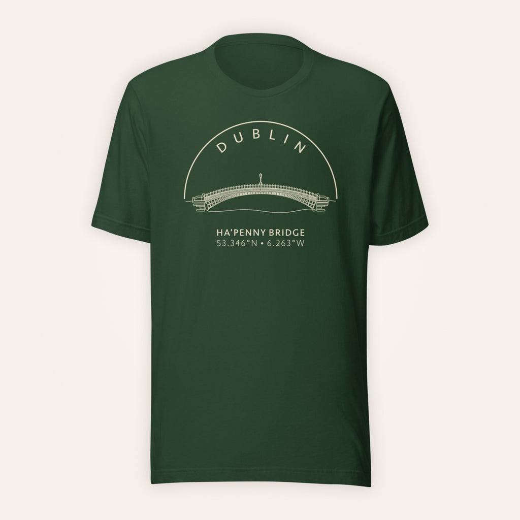 Dublin Ha’penny Bridge forest green T-shirt on warm ivory background