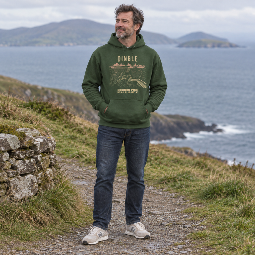 Man wearing the Kerry Dingle Peninsula forest green hoodie