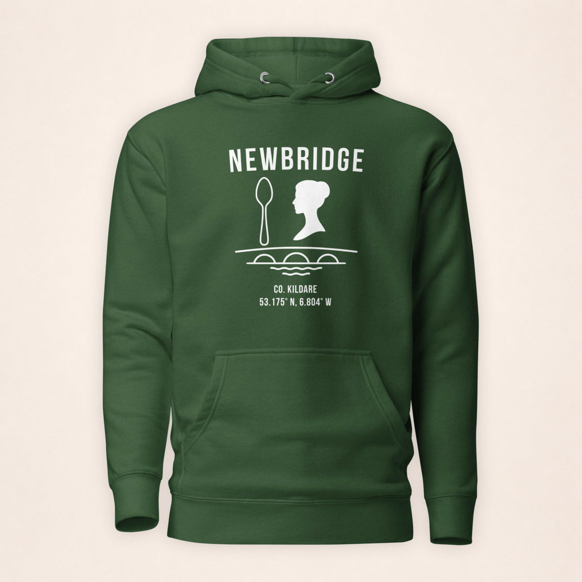 Kildare Newbridge forest green hoodie on a warm ivory background