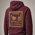 Close-up of the gold Contae Chill Chainnigh back print on the maroon Kilkenny Heritage Hoodie