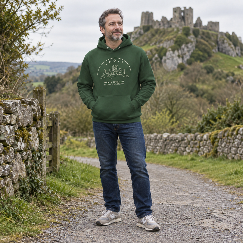 Man wearing the Laois Rock of Dunamase forest green hoodie