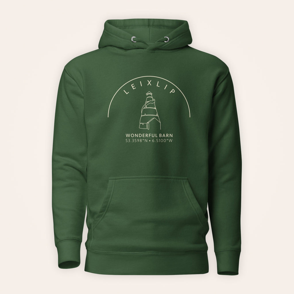Leixlip Wonderful Barn hoodie front view on warm ivory background
