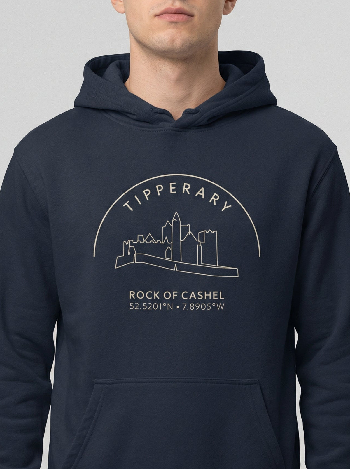 Navy blue hoodie with 'Tipperary Rock of Cashel' design on a white background