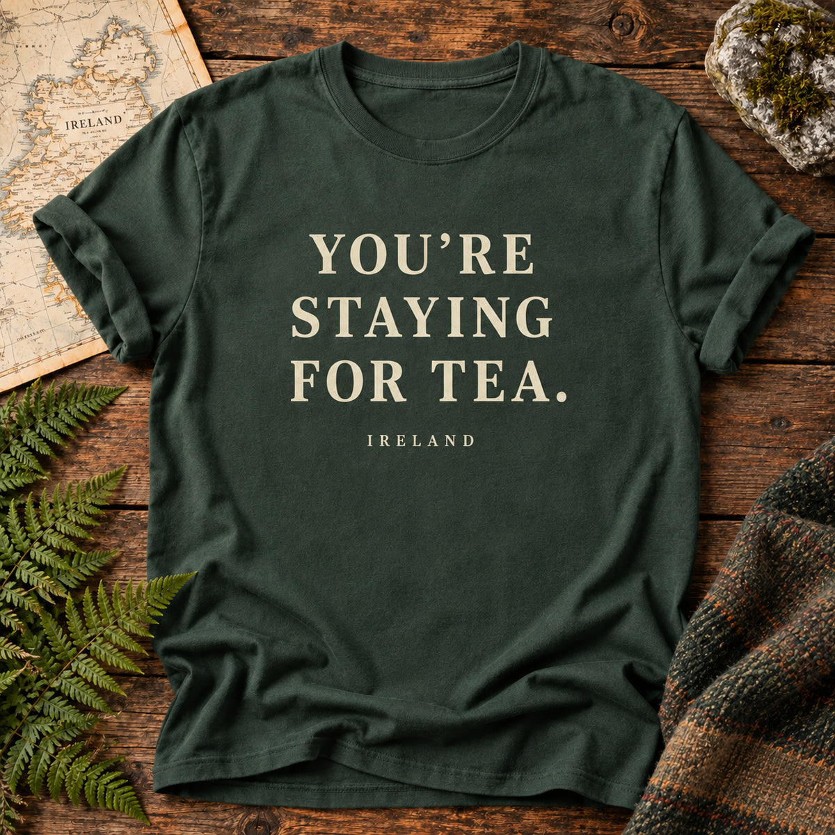 You're Staying for Tea Ireland T-Shirt in Blue Spruce, front flatlay