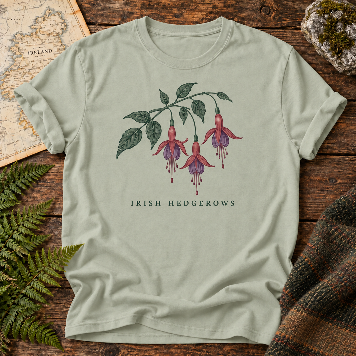 Fuchsia Road Ireland T-Shirt in Bay, front flatlay