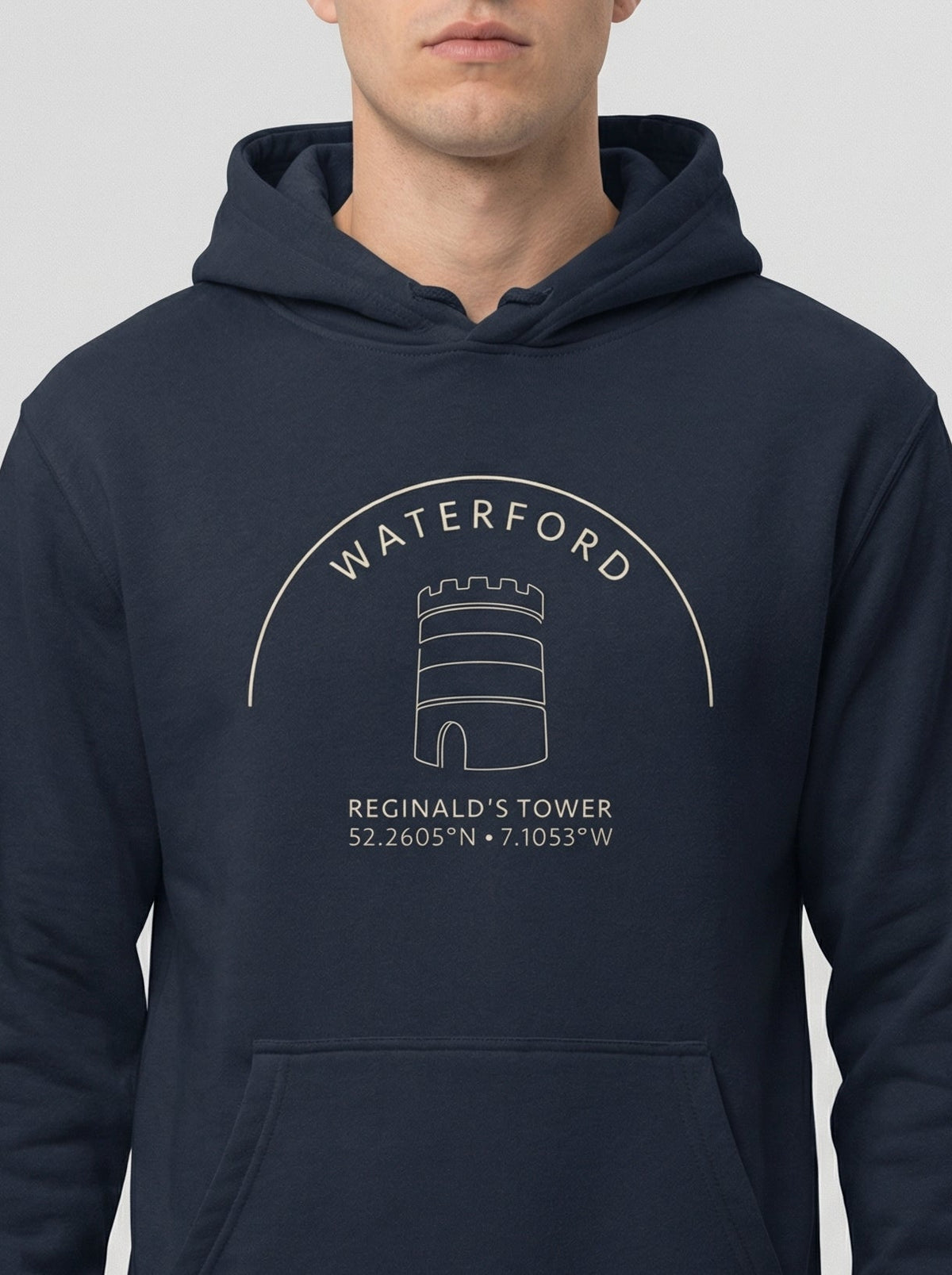Navy blue hoodie with 'Waterford' and 'Reginald's Tower' text on a white background