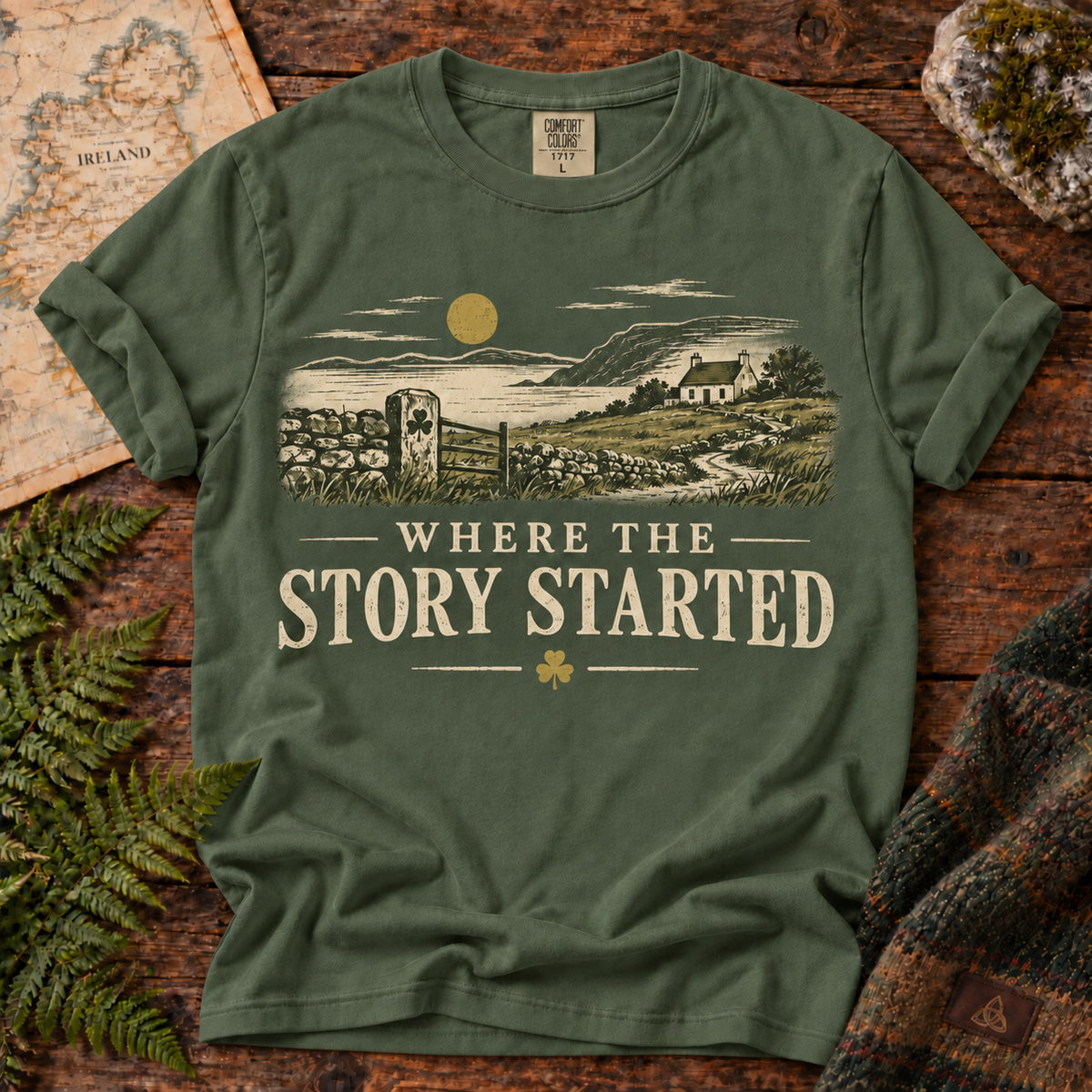 Where the Story Started T-Shirt — Moss — Áit Standard Catalog Mockup v1